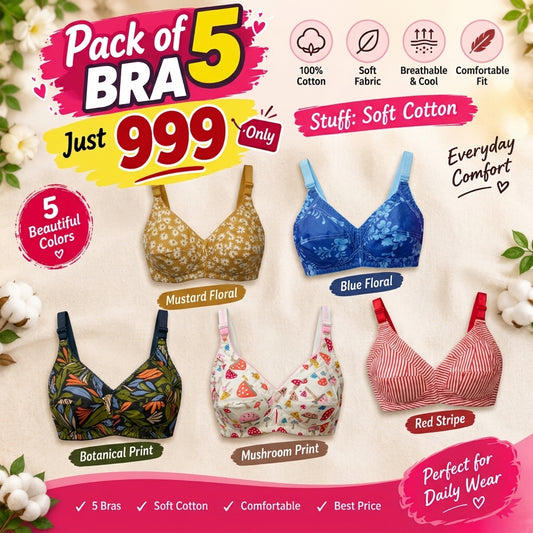 Pack of 5 Cotton Bra – Rs. 999  🌈