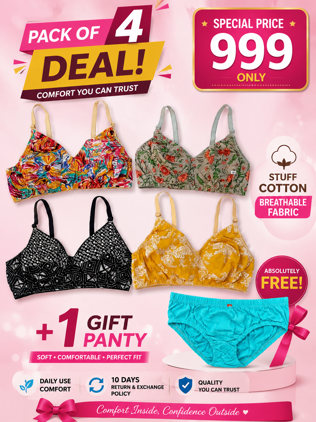 Pack off 4 Rendom Cotton Bra🌈 + Gift 🎁 1 Underwear